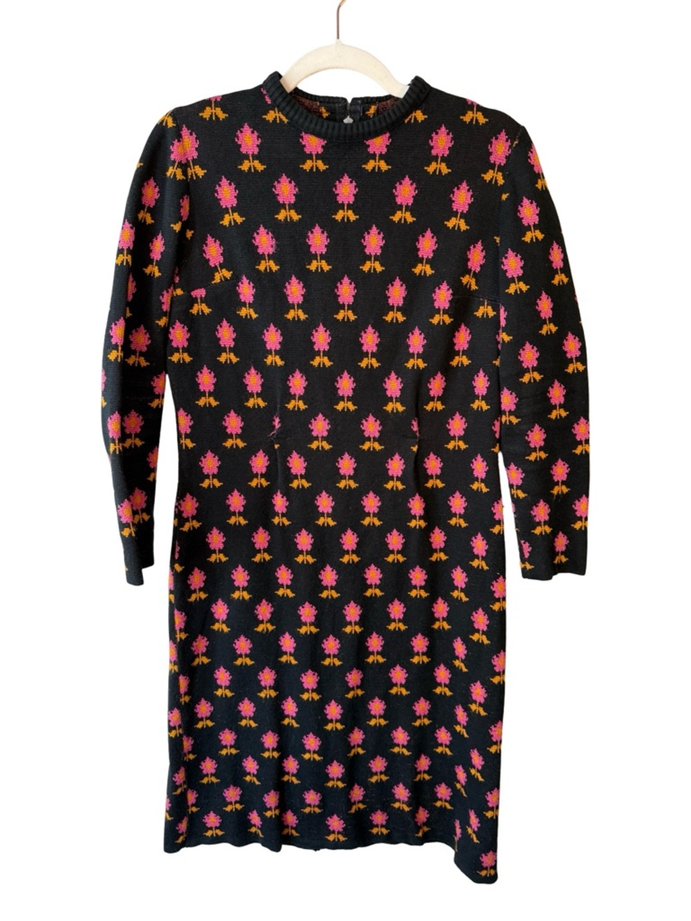 Vintage Johnathan Martin Black Floral Knit Dress with Pink & Gold Pattern Size S
